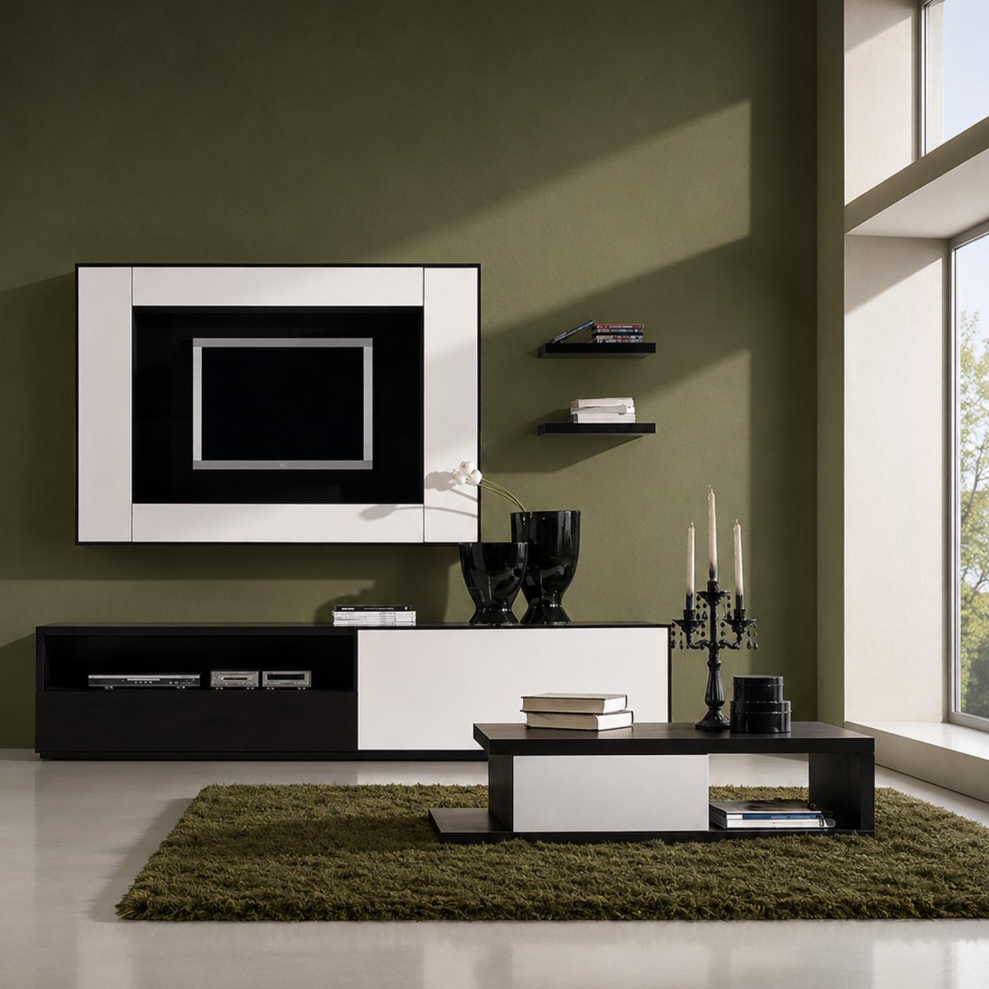 Sala de Estar Dark com painel TV e mobiliário contemporâneo