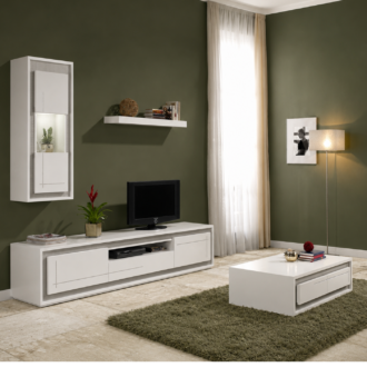Sala de Estar Grey com base TV, módulo suspenso e mesa de centro