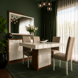 Sala de Jantar Aquarius com mesa, cadeiras estofadas e aparador