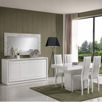 Sala de Jantar Cacém com mesa, cadeiras estofadas, aparador e espelho