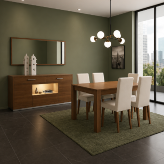 Sala de Jantar Estoril com mesa em madeira, cadeiras estofadas e aparador